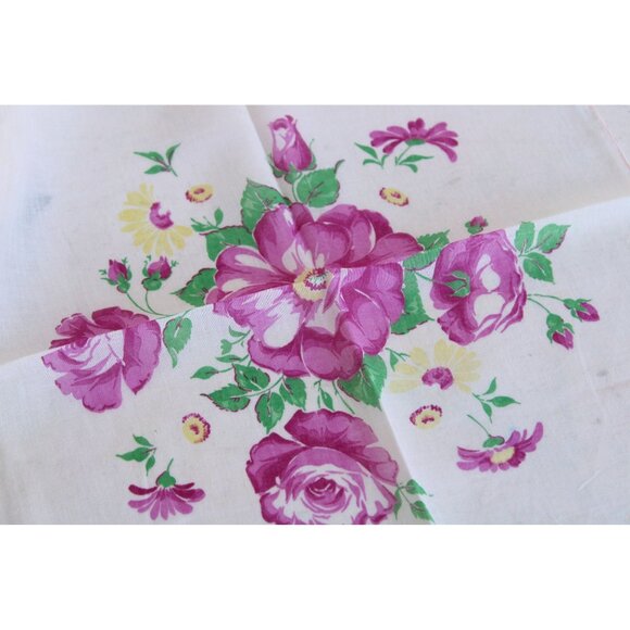 Vintage 1950s Cotton Handkerchief Floral Print, Pink Purple Roses Hankie - Picture 4 of 10